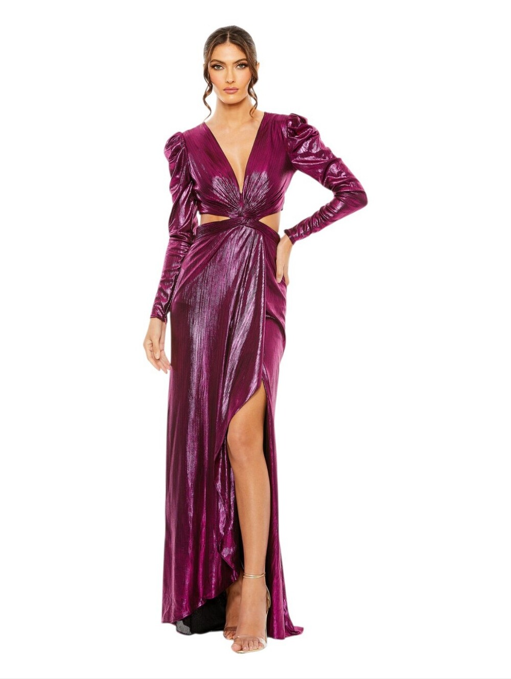 Mac Duggal Princess Sleeve Cut Out Metallic Gown